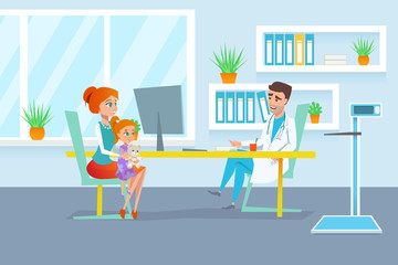 Red hair mother with her daughter on the pediatrician examination at polyclinic reception.