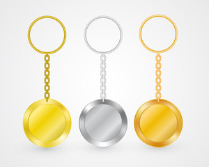 Realistic key holders, vector medal templates hanging on chain with holding ring. Silver, bronze and golden mock up for company branding, souvenirs with empty space for symbol or logo.
