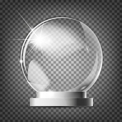 Glass trophy award. Vector award on gray backgroundGlass transparent crystal globe. Magic attribute. Empty sphere. Stand for a souvenir, trophy. Realistic vector object isolated on plaid background
