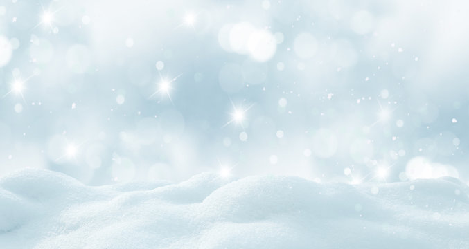 Winter  background with snow and blurred bokeh.Merry Christmas and happy New Year greeting card with copy-space.