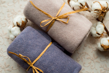 Home interior, tailor sewing, diy concept. Heap of colorful cloth fabrics. Color Cotton linen...