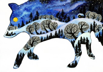 Рисунок акварелью "Зимний волк"