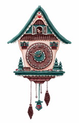 Рисунок акварелью "Часы с кукушкой"