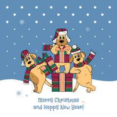 Merry Christmas card with three dogs