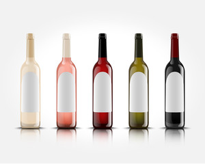 3d realistic vector wine bottles on white background with empty labels for your design and logo. Mockup for presentation of your product.