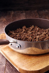 ground beef and pork roasted on a frying pan.