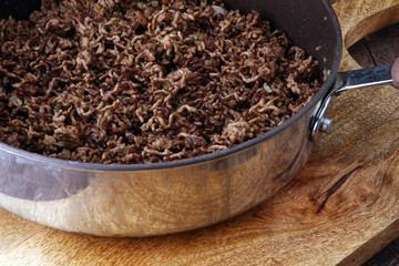 ground beef and pork roasted on a frying pan.