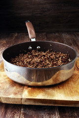 ground beef and pork roasted on a frying pan.
