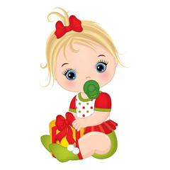Obraz na płótnie Canvas Vector Cute Little Baby Girl Wearing Christmas Clothes 
