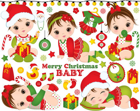 Vector Christmas and New Year Set with Cute Little Baby Girls and Festive Accessories and Toys