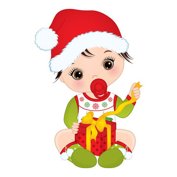 Vector Cute Little Baby Girl Wearing Christmas Clothes 