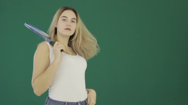 Young cute girl with tennis racket, chromakey  
