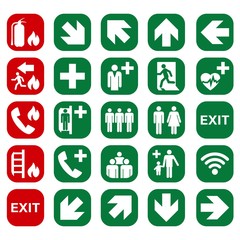 VECTOR. Set of safety signs. Exit sign. Emergency fire exit door and exit door. The icons with a white sign on a green / red background. Public information label. Illustration.