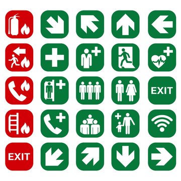 VECTOR. Set of safety signs. Exit sign. Emergency fire exit door and exit door. The icons with a white sign on a green / red background. Public information label. Illustration.