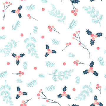 Simple and stylish vector seamless pattern with pine branches and holly in pink and blue colors for Christmas and winter designs and fabric