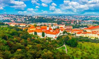 View of the Strahov Monastery from the top of the Petrin Gardens in the Czech Republic in Prague