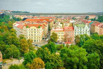 District of Prague Nuselskaya valley and Nusel bridge in autumn, Czech Republic. View from the Visegrad Fortress