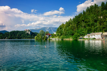 Fototapeta premium Colorful summer scene on the Bled lake with medieval castle Blejski grad. Slovenia, Europe.