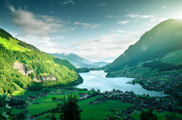 Aerial view on Lungernsee lake, Switzerland, Europe