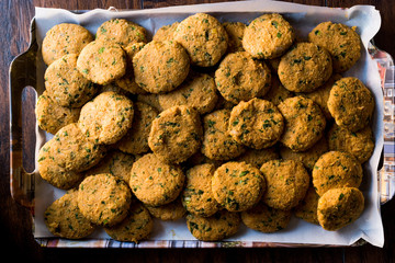 Raw Chickpeas Falafel on tray before cooking.