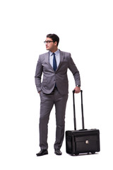 Young man during business travel isolated on white