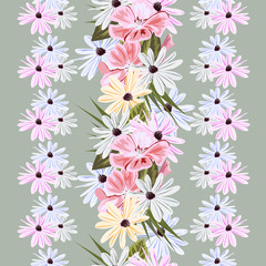 Seamless floral vertical border with cute meadow flowers.Vintage floral background for textile, cover, wallpaper, gift packaging, printing.Romantic design for calico, silk, home textiles.