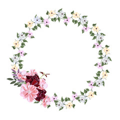 Vintage floral wreath with simple wildflowers and roses. Template for greeting cards, invitations, weddings, Valentine's Day, birthdays. Vector illustration drawn by hand. Isolated on white background
