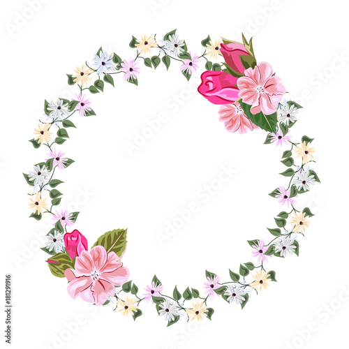 Vintage floral wreath with simple wildflowers and roses