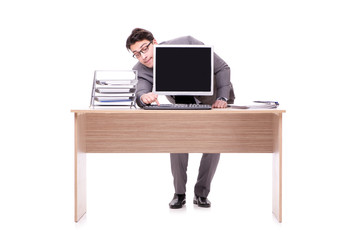 Businessman hiding in the office isolated on white