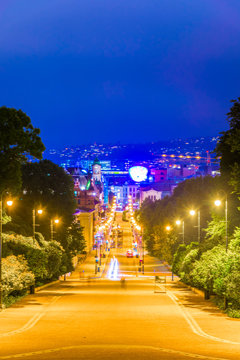 Night view of an alley leading to the Royal Palace in Oslo, the capital of Norway