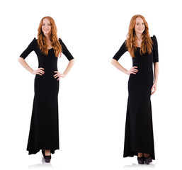 Redhead in black dress isolated on white