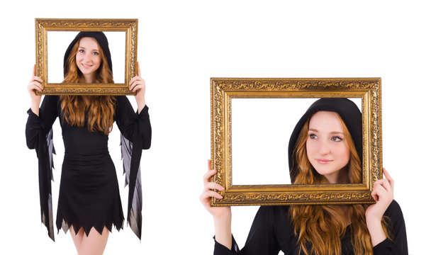 Cute witch with frame picture isolated on white