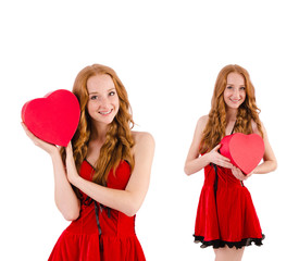 Young girl in red dress with  heart casket isolated on white