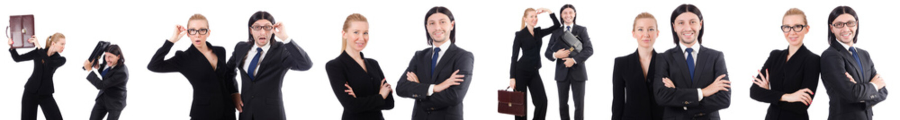 Businessman and businesswoman with briefcases isolated on white