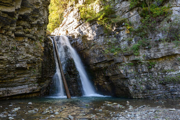 Bukhtivetskyi waterfall in Bukove on the Bukhtovets river. Ivano-Frankivska ..oblast, Ukraine.