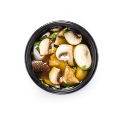 Miso soup with mushrooms, view from above