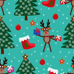  Reindeer with a christmas gifts seamless pattern