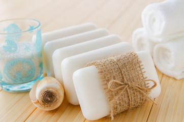 Fototapeta na wymiar Healthy lifestyle concept with aromatic soaps