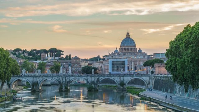 Rome city skyline Saint Peter Basilica day to night sunset timelapse, Rome, Vatican, Italy 4K Time lapse