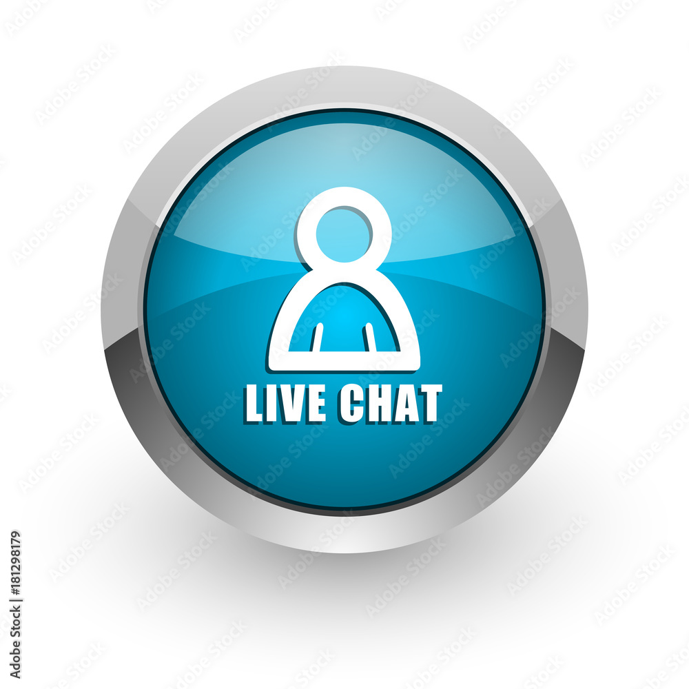 Poster live chat blue silver metallic chrome border web and mobile phone icon on white background with shad