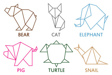 Origami animals collection. Set of line geometric shape for art of folded paper. Template for logo with - bear, cat, elephant, pig, snail and turtle. Vector illustration.