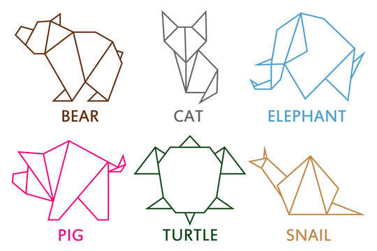 Origami animals collection. Set of line geometric shape for art of folded  paper. Template for logo with - bear, cat, elephant, pig, snail and turtle.  Vector illustration. Stock Vector | Adobe Stock