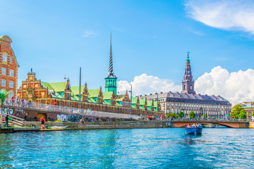 the Borsen and Christiansborg slot palace in Slotsholmen, in Copenhagen, Denmark