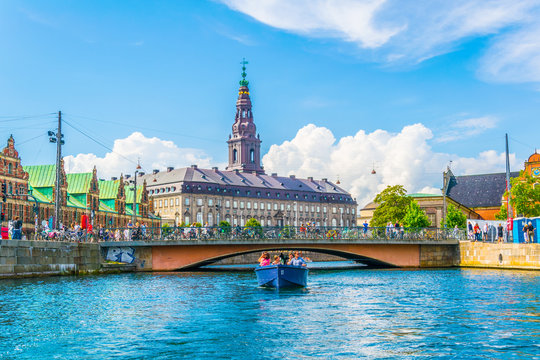 the Borsen and Christiansborg slot palace in Slotsholmen, in Copenhagen, Denmark