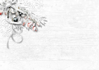Christmas snow firtree with berries and snowflakes on white textural background