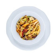 Penne pasta with grilled vegetables over white, with path