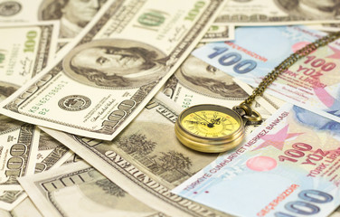 Time is money concept with pocket watch and dollars bills and Turkish Lira