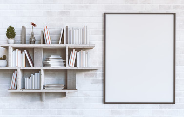 Mockup blank poster on a white brick wall with Shelves with books on painted white brick wall background. 3D rendering