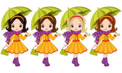 Vector Cute Little Girls with Umbrellas and Handbags