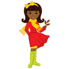 Vector Beautiful Young African American Girl with Autumn Oak Leaves
